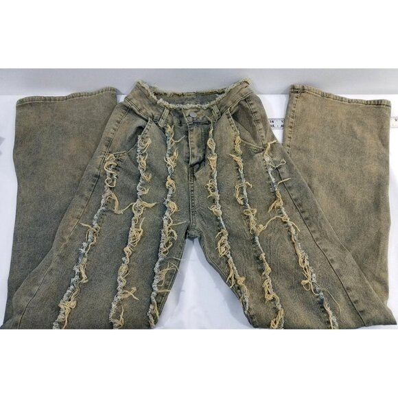 Y2K Denim Jacket & Pants Set Size M Distressed Olive Green Raw Edges Cropped Jac - Picture 8 of 16